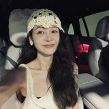 Daiiibabyyy  Ethnic Style Retro Hollow Out Knitted Cap for Women in Spring and Summer Thin Hat for Tourism Seaside Vacation Decorative Hat