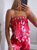 Daiiibabyyy  Women Abstract Print Satin 2 Piece Set Strapless Top High Waist Bodycon Shorts Sets Casual Summer Beach Vacation Casual Outfits
