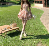 Daiiibabyyy  Vacation Style Floral Oil Painting Mini Slip Dress Female Clothing Hotsweet Summer Fashionable Lace Drawstring Ball Gown Dresses