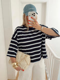 Daiiibabyyy  Women Fashion Contrasting Striped Lace Up Short Sleeved Top Classic O-neck Hollowed Out Loose Tops  Ladies Commute T-shirt