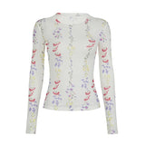 DAIIIBABYYY  -  Fresh and Sweet Plant Print Lightweight Slim Fit T-shirt Salt Series Girl Long Sleeved Round Neck Base Top