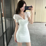 DAIIIBABYYY  -  Women Red Lace Hook Flower Hollow V-Neck Sexy Mini Dress 2025 Korean Luxury Bodycon Dress Summer Elegant Chic Festival Vestidos