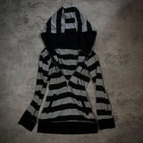 Daiiibabyyy  Y2k Women Hoodie Black And White Stripe Long Sleeve Hooded Sweatshirt Zipper Front Zip-Up Hoodie Striped Attached Hood Ribbed