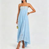 Daiiibabyyy  Elegant Lace Embroidery Splice Party Dress Lady Fashion Sleeveless Pleat Solid Long Dress Sexy Off Shoulder Silk Suspender Dress