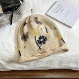 DAIIIBABYYY  -  Korean Flower Jacquard Crimped Knitted Hat Winter Outdoor Warm Ear Protection Big Head Drawstring Design Women Skull Beanie Cap