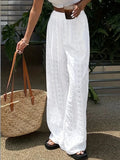 Daiiibabyyy  Elegant Simple Vacation Trouser Casual Solid Color Lace Hollow Out Long Pants Summer Fashion Elastic Waist Women's Commute Pants