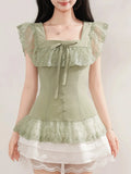 Daiiibabyyy  Vintage Japanese Square Collar Short Sleeve Solid Lace Patchwork Bow Women Blouse