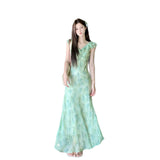 Daiiibabyyy  Green Floral Print Maxi Dress Summer Beach Vacation Essential Beautiful V-Neck Sleeveless High Waist A- Line Dress