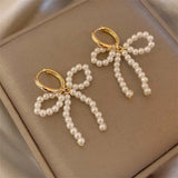 Daiiibabyyy  Korean White Imitation Pearl Bow Dangle Earrings for Women Elegant Handmade Woven Beaded Earrings Wedding Y2K Jewelry