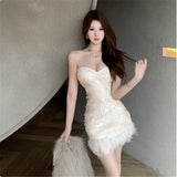 DAIIIBABYYY  -  Sexy Glitter Stunning Sequined Pencil Party Dress Women Fashion Strapless Feather Hem Short Dress Lace Up Back Bodycon Dress