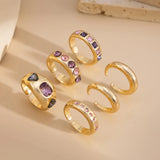 Daiiibabyyy  6Pcs/set Inlaid Purple Zircon Adjustable Opening Ring Set Women Smooth Gold Color Ring for Female Daily Y2K Jewelry Gifts