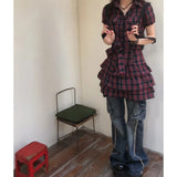 DAIIIBABYYY  -  Summer Y2k Aesthetic Plaid Vintage Slim Dress Single Breasted Mini Shirt Dresses Harajuku Bandage Grunge Punk Ruffled Vestidos