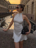 Daiiibabyyy  Chic Backless Polka Dot Halter Dress Women Sleeveless Off Shoulder Lace Up Slim Short Dresses Lady New Daily Party Vestidos