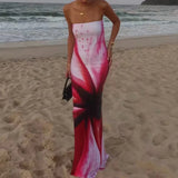 Daiiibabyyy  Fashion Hollow Out Backless Slim Banquet Dress Women's Casual Sleeveless Wrap Hip Long Dress Strapless Flower Print Beach Dress