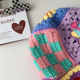 Daiiibabyyy  Wind Flower Handmade Wool Crochet Bucket Hat Women's Big Brim Retro Grandmother Grid Splicing Crochet Bucket Hat