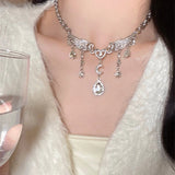 Daiiibabyyy  Silver-Color Crystal Wing Necklace for Women Luxury Delicate Moon Water Drop Pendant Necklace Temperament Romantic Accessories