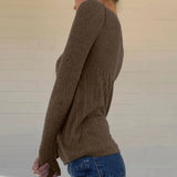 DAIIIBABYYY  -   Women Plain Ribbed Knit Slim Fit Pullovers Top Front Button Long Sleeve Sweater T-shirt Vintage Grunge Y2K Aesthetic Jumpers