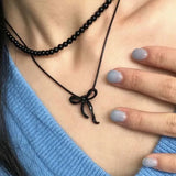 Daiiibabyyy  Korean Black Bowknot Pendant Necklace for Women Elegant Beaded  Clavicle Chain Necklace Wedding Y2k Jewelry Accessories
