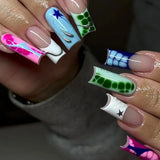 Daiiibabyyy  24PCS Elegant Medium Square False Nails Colorful Butterfly Patterns French with Diamonds Fake Nails for Women Wearable Press On