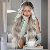 Daiiibabyyy  Gradient gray water ripple long curly hair chemical fiber synthetic wig | high quality layered wig | suitable for daily wear