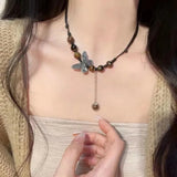 DAIIIBABYYY  -  National Style Color Beads Butterflies Necklace Female Temperament Thin Rope Collarbone Chain Adjustable Chain Jewelry