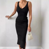 Daiiibabyyy 2024 Summer Elegant Knitted Ribbed Slim Long Dress Women Solid V Neck Sleeveless Split Casual Vacation Commuting Street Robe