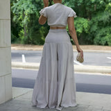 DAIIIBABYYY  -  Women 2 Pieces Skirts Sets Solid Blouse Short Sleeve Deep V Neck & Long SKirts Loose Floor Length Elegant Birthday Party Clothes