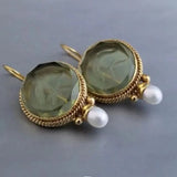 Daiiibabyyy  Retro Creative Golden Edging Geometry Hexagonal Green Crystal Imitation Pearl Dangle Earrings for Women Fashion Charm Jewelry