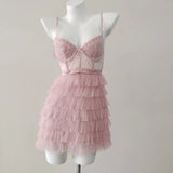 Daiiibabyyy  Pink Sweet Nightgowns Gauze Mesh Slim Waist Thin Fluffy Cake Dress Women's Sleepwear Suspender Fishbone Nightdress Home Clothes