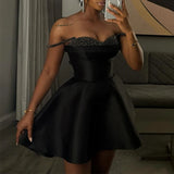 DAIIIBABYYY  -  Black Sequin Patchwork Slim A-line Dress Lady Sexy Off Shoulder Pleated Suspender Dress Casual Sleeveless High Waist Party Dress