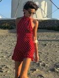 Daiiibabyyy  Chic Backless Polka Dot Halter Dress Women Sleeveless Off Shoulder Lace Up Slim Short Dresses Lady New Daily Party Vestidos