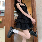 Daiiibabyyy  French Style Sweet Ball Gown Aura Slip Dresses Summer Solid Color Female Clothing Fashionable Drawstring Bow Waist Mini Dress
