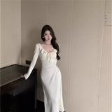 Daiiibabyyy  Autumn Winter New Style Long Knitted Wrap Dress with Belt and Pleated Hemline Elegant Pink Evening Gown Full Sleeve V-Neck