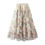 Daiiibabyyy  Early Fall Floral Print Ruffle Mesh Skirt Women Irregular Flowy A-line Midi Skirt for Travel, Beach, Shopping