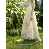 Daiiibabyyy  French Vacation Flower Print Hollow Out Loose All Match  High Waist Fashion Skirts