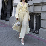 Daiiibabyyy  2025 Elegant Sexy Chiffon Summer Tops Pleated Ruffles Trim V-neck Long Sleeved Sheer Loose Shirts Blouse Holiday Streetwear