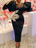 DAIIIBABYYY  -  Women Plus Size Dress Sequin Black Embroidery Chest Wrapped Puff Sleeve Sparkly Dress Cocktail Wedding Guest Classy Party Dress