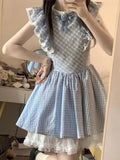 DAIIIBABYYY  -  Cute Sweet Blue Plaid Dress Women Elegant 3D Floral Flying Sleeve Mini Dress Japan Vintage Slim Kawaii Lace Patchwork Dress