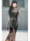 Daiiibabyyy  Summer Floral Print Wrap Dress Women's High Waist Bandage Skirt Elegant French Style Tea Break Vest Top Gown for Ladies