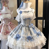 DAIIIBABYYY  -  Japan Lolita Sweet Girl Pink Blue Jacquard Fabric Off-The-Shoulder Dress Female High Waist Lace-Up Bow Above Knee Princess Dress
