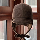 Daiiibabyyy  Autumn and Winter New Plain Weave Ear Protector Baseball Cap Men's and Women's Short Brim Outdoor Warm Riding Woolen Bomber Hats