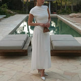 DAIIIBABYYY  -  Women's Fashion Draped Solid Long Dress Casual Sleeveless Patchwork Maxi Dress Elegant O Neck High Waist Slim Party Dresses