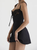 Daiiibabyyy  Women V neck Backless Party Skater Short Sling Dress Sexy Stitching Lace Bra Corset Style Spaghetti Strap Mini Dresses