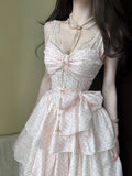 Daiiibabyyy  Coquette French Elegant Polka Dot Slip Dress Women Spaghetti Strap Lace Trim Ruched Waist Bow Ruffle Hem Maxi Party Outfit