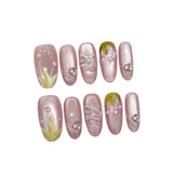 Daiiibabyyy  10pcs Crystal Butterfly Handmade False Nails Clear Transparent Purple Cat's Eye Fake Nail With Tulip Flower Press On Nail Almond