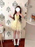 DAIIIBABYYY  -  Slim Sweet Ruffles Dress Women Fashion 3D Floral Casual Elegant Mini Dress Summer Sexy Sleeveless Lady Yellow Cake Vestidos