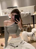 DAIIIBABYYY  -  Pure Sexy Letter Print Off Shoulder T-shirt Women's Autumn Hot Girl Long-sleeved Short Slim Fitted Top Fashion Female Clothes