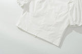 Daiiibabyyy  Sexy White U Collar Metal Hook Buttons Short Puff Sleeve Shirt Women Tie Bow Shoulder Center Slim Crop Tops Black
