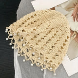 Daiiibabyyy  Casual Sweet Crochet Hollow Knitted Hat Beads Tassels Bohemian Style Knit Beanies Korean Handmade Weave Cap Outdoor
