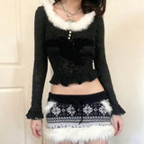 Daiiibabyyy  French Style Bow Fur Collar Knitted T-shirt Women Short Style Waist Cinching Slim Fit Slimming Spicy Girl Top